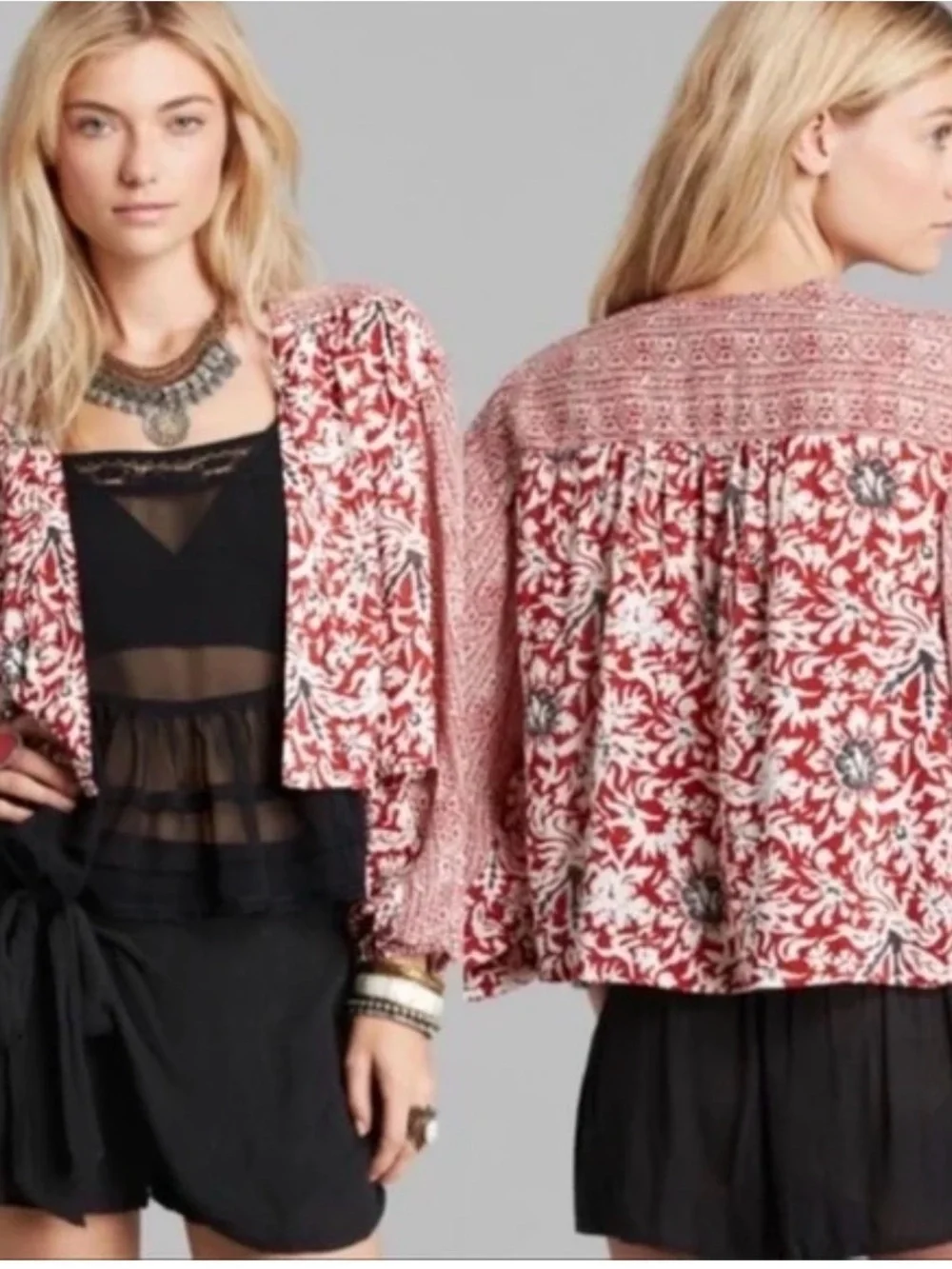NWOT Free People Sheila's Floral Kimono Lace Tie Open Blouse Mixed print Sz  XS